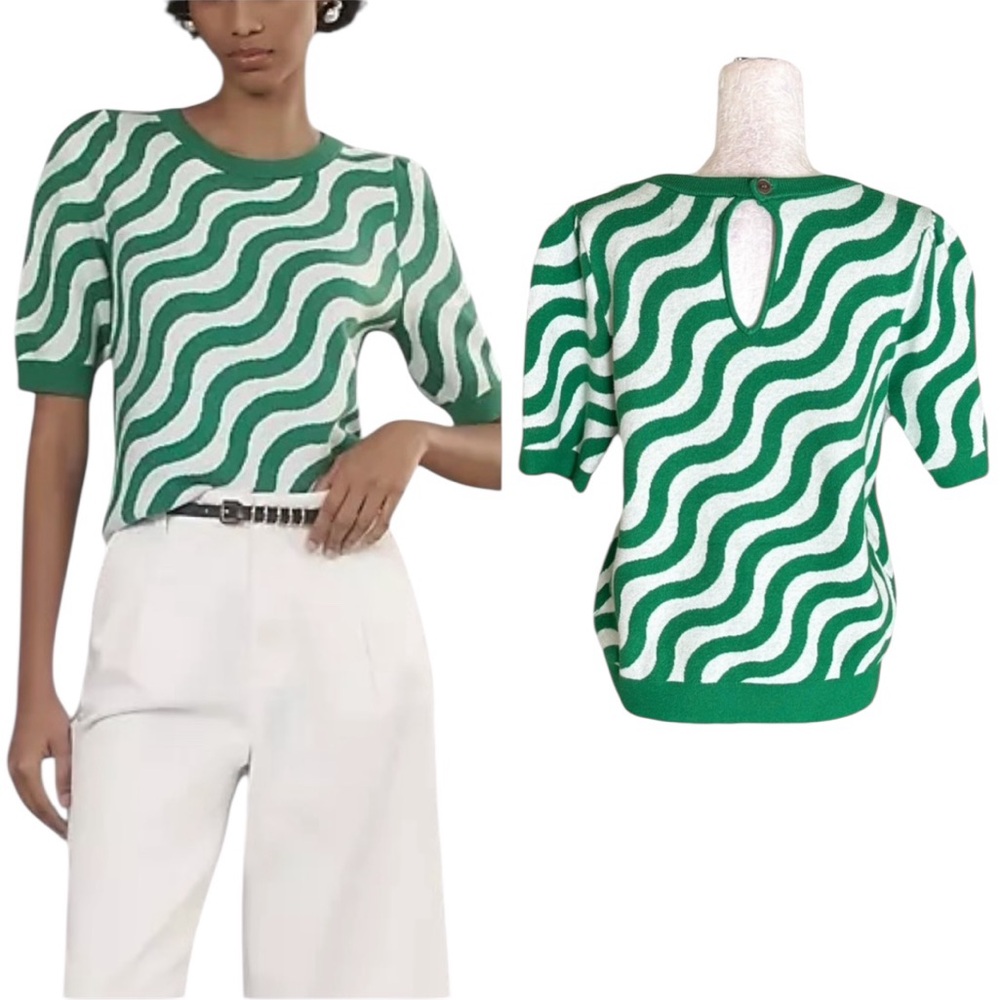 Anthropologie Maeve Harmony Green White Wavy Striped Jacquard Sweater Tee - L